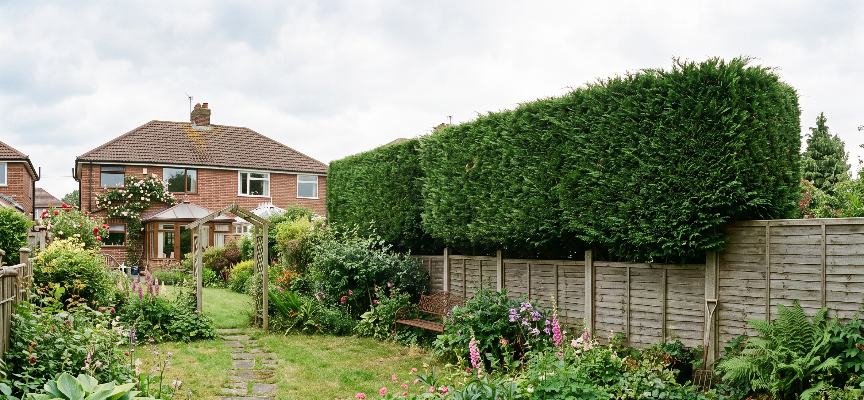Conifer hedge after professional trimming