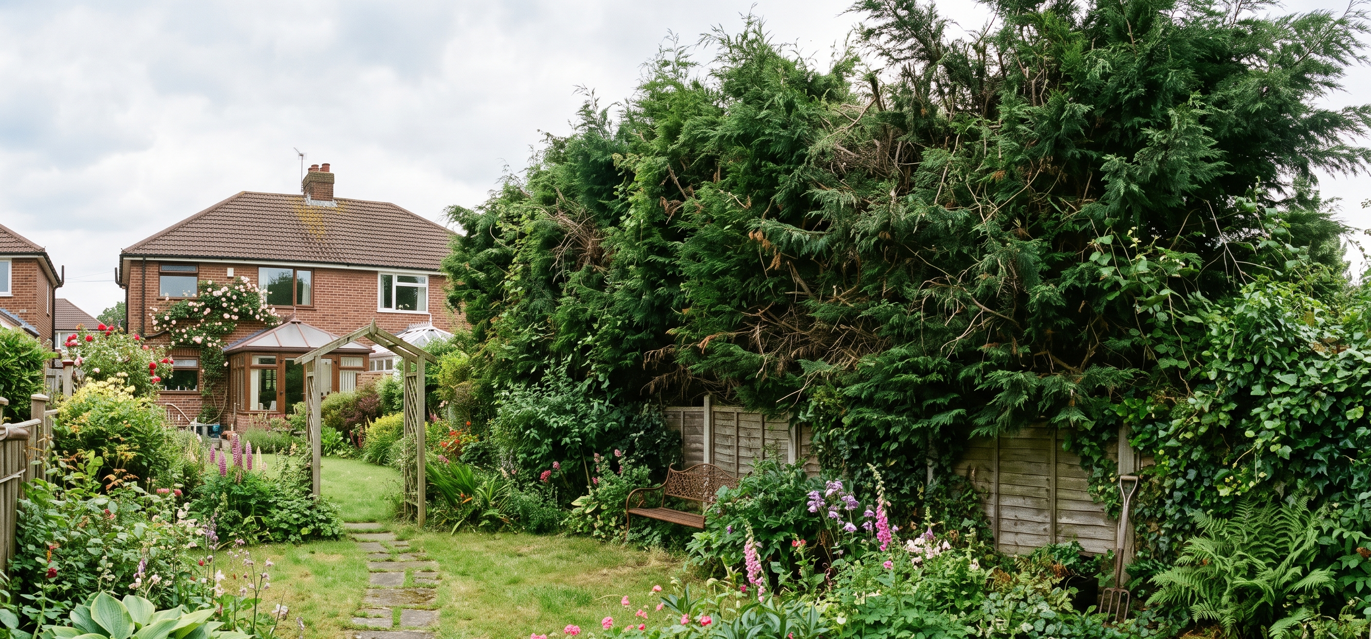 Overgrown conifer hedge before trimming