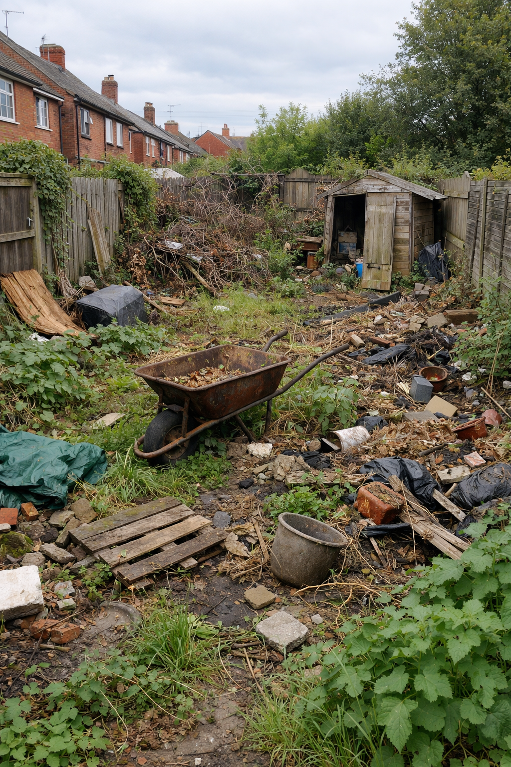 Overgrown garden before clearance